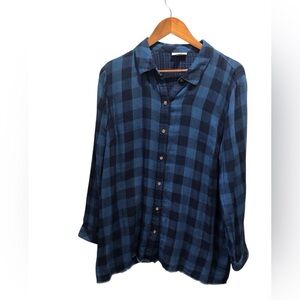 J Jill Large Blue And Black Check Print Woven Button Up Blouse Raw Hem L/S